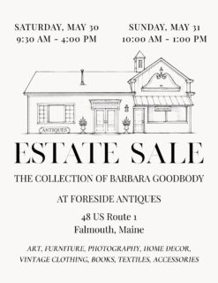 TOMORROW! Don’t miss this fabulous estate sale of art, photography, furniture, decor, vintage clothing, books, accessories, and more at Foreside Antiques in Falmouth.
#vintage #estate #estatesale #antique #portlandme