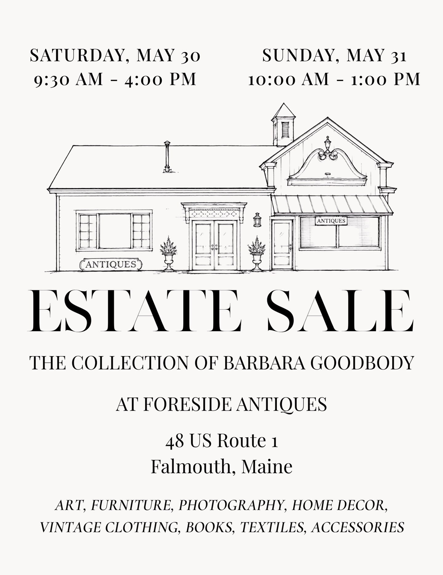 TOMORROW! Don’t miss this fabulous estate sale of art, photography, furniture, decor, vintage clothing, books, accessories, and more at Foreside Antiques in Falmouth.
#vintage #estate #estatesale #antique #portlandme